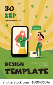 Veterinarian on smartphone screen consulting woman with cat. Vet, online, consultation flat vector illustration. Domestic animals and veterinary concept for banner, website design or landing web page