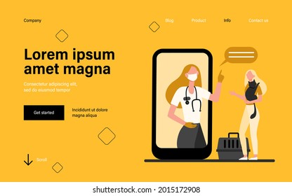 Veterinarian on smartphone screen consulting woman with cat. Vet, online, consultation flat vector illustration. Domestic animals and veterinary concept for banner, website design or landing web page