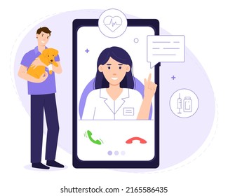 Veterinarian on smartphone screen. A man holds a dog in his arms. Pets. Online consultation with a veterinarian. Concept for banner design. Vector illustration