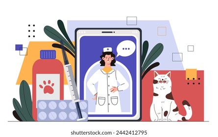 Veterinarian online service concept. Woman in medical uniform with syringe and pills and cat. Distant consultation for domestc animals. Cartoon flat vector illustration isolated on white background