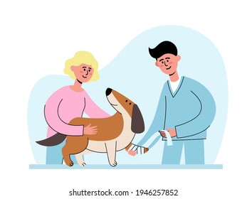 Veterinarian and owner with her dog with sore paw at vet appointment. Vector illustration of veterinarian conducts diagnostics and owner woman with animal in flat style