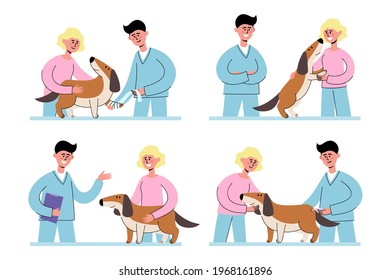 Veterinarian And Owner With Her Dog At Vet Appointment. Vector Collection Of Veterinarian Conducts Diagnostics And Owner Woman With Animal In Flat Style