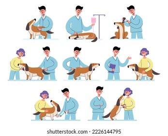 Veterinarian and owner with her dog at vet appointment. Vector collection of veterinarian conducts diagnostics and owner woman with animal in flat style