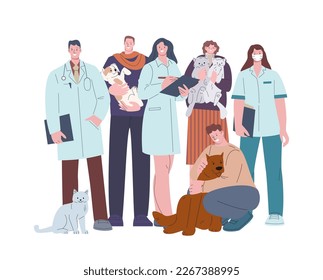 Veterinarian and patients, cats and dogs with owners. Happy people with pets. Medical help for animals, cartoon flat doctors. Vector portrait characters