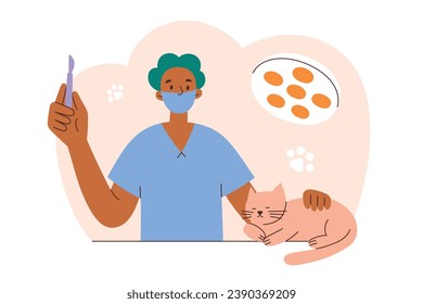 Veterinarian performing surgery for pet, male vet doctor and cat hand drawn composition, vector illustration for veterinary clinic, domestic animals sterilization, pet health care concept