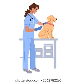 Veterinarian with pet. Vaccination. A smiling female doctor is giving the dog an injection in cartoon style.