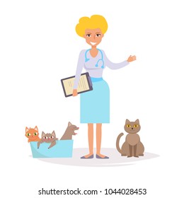 veterinarian with a pet. Vector. Cartoon. Isolated art on white background. Flat