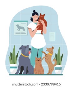 Veterinarian with pets concept. Woman in medical uniform stands next to cats and dogs. Doctor with patients in veterinary clinic. Young girl with domestic animals. Cartoon flat vector illustration