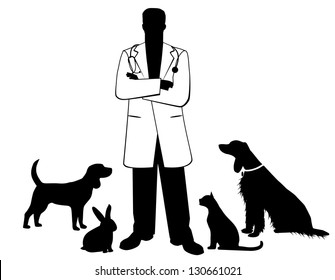 Veterinarian with pets. EPS 8 vector, no open shapes or paths. Grouped for easy editing.