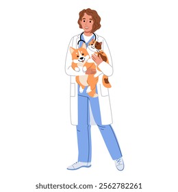 Veterinarian with pets. A smiling female doctor with cute cat and dog on a white background in cartoon style