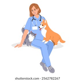 Veterinarian with pets. A smiling female doctor with cute cat and happy dog on a white background in cartoon style