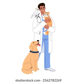 Veterinarian with pets. A smiling male doctor with cute cat, dog and parrot on a white background in cartoon style