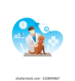 Veterinarian with pets. Vector illustration of veterinarian with a dog, Veterinarian doctor examining the dog in the hospital. Veterinary concept - Vector illustration