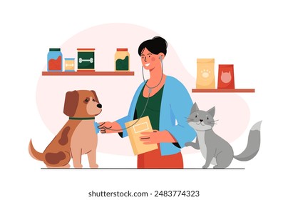 Veterinarian with pets. Woman in medical uniform with stethoscope examines cat and dog. Health care and medicine, treatment. Care about domestic animals. Flat vector illustration isolated on white