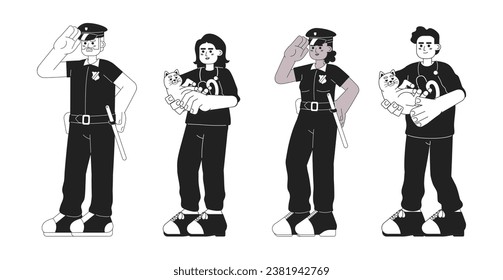 Veterinarian police officer black and white cartoon flat illustration set. Diverse cop, vet cat linear 2D characters isolated. Medic, policeman policewoman monochromatic scene vector image collection