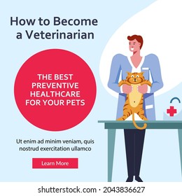 Veterinarian profession, how to become specialist. Information and tips online in internet. Man with cat curing animal in clinics. Website or webpage template, landing page, vector in flat style