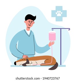 Veterinarian puting on dropper to sick dog. Vector set of man vet holds dog on table isolated on vet hospital interior