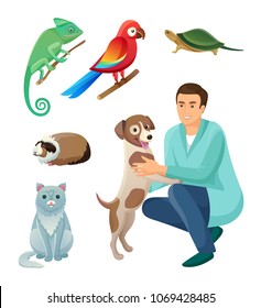 Veterinarian in robe with dog and exotic pets set. Friendly dog and fluffy cat together with exotic animals. Male vet in uniform vector illustration.