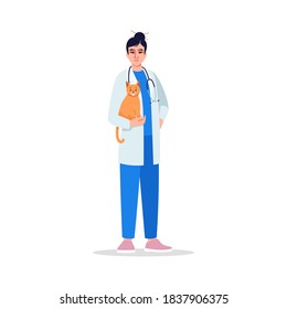 Veterinarian semi flat RGB color vector illustration. Female doctor. Medical staff. Veterinary physician. Young japanese veterinary surgeon isolated cartoon character on white background