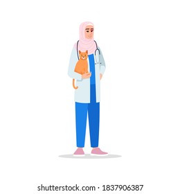 Veterinarian semi flat RGB color vector illustration. Veterinary surgeon. Female doctor. Veterinary physician. Young muslim woman working as vet isolated cartoon character on white background