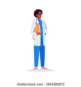 Veterinarian semi flat RGB color vector illustration. Female doctor. Medical staff. Veterinary physician. Young african american veterinary surgeon isolated cartoon character on white background