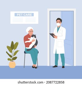 Veterinarian Services. Elderly Woman Holding Sick Cat At Vet Office. Flat Vector Illustration