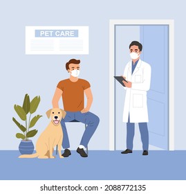Veterinarian Services. Young Man Sitting With Sick Dog At Vet Office. Flat Vector Illustration
