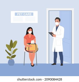 Veterinarian Services. Young Woman Sitting And Holding Pet Carrier With Cat At Vet Office. Flat Vector Illustration