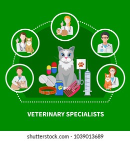 Veterinarian specialist treatments flat icons composition with cat medication accessories pets care products paw print vector illustration 