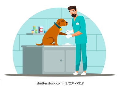 Veterinarian specialist works scene. Man doctor examines dog, makes vaccination. Dog visit veterinary for check up health. Vet clinic, animal care, pet medical treatment. Vector character illustration