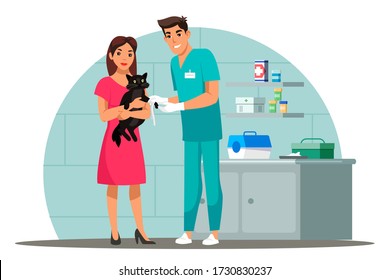 Veterinarian specialist works scene. Man doctor examines cat, bandaged paw. Kitty visit veterinary for check up health. Vet clinic, animal care, pet medical treatment. Vector character illustration