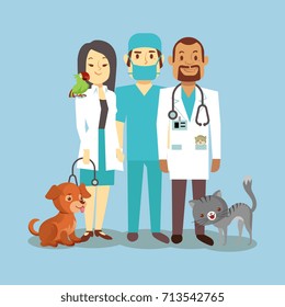 Veterinarian staff with cute pets isolated on blue. Veterinary doctor with animals dog and cat. Vector illustration