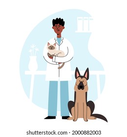 Veterinarian standing with cat and shepherd dog on vet interior