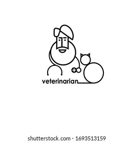 A veterinarian with a stethoscope and a cat. Black and white logo, icon. Vector illustration