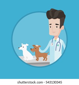 Veterinarian with stethoscope examining dogs in hospital. Veterinarian with dogs at vet clinic. Concept of medicine and pet care. Vector flat design illustration in the circle isolated on background.