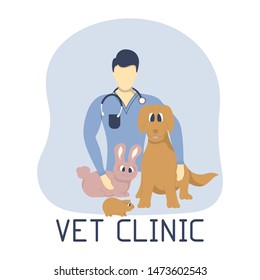 Veterinarian with a stethoscope, puppy  bunny and cavy. Veterinary clinic or hospital banner concept with male doctor.