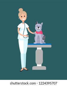 Veterinarian taking care of cat patient on table vector. Clinic worker, nurse checking animals treatment, veterinary doctor pets recovery specialist