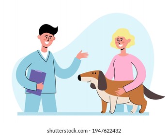 Veterinarian talk and owner with her dog at vet appointment. Vector illustration of veterinarian conducts diagnostics and owner woman with animal in flat style