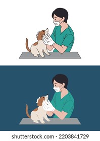 Veterinarian treating a dog with brown markings