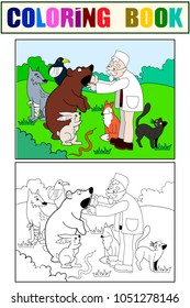 Veterinarian treats animals in the forest vector illustration. Book educational game for kids educational game. Nature, doctor. Color, Black and white