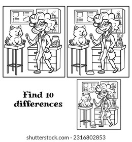 The veterinarian treats the dog. Find 10 differences. Tasks for children. Vector illustration