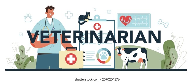 Veterinarian typographic header. Veterinary doctor checking and treating animal. Idea of pet care, animal medical vaccination, diagnosis. Vector flat illustration