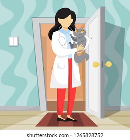 Veterinarian in uniform holding a pet cat. Medical specialist with animal. Occupation in medicine. Isolated vector flat illustration