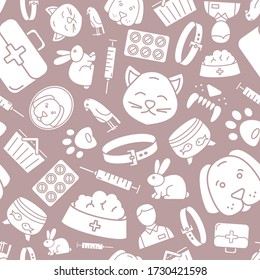 Veterinarian - Vector background (seamless pattern) of silhouettes veterinary clinic, animals and pets  for graphic design