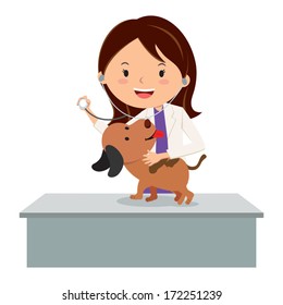 Veterinarian. Vector illustration of a veterinarian examining a puppy.