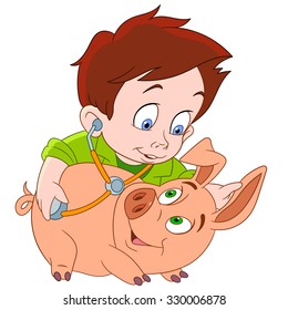 Veterinarian. Vet boy and pig. Cartoon character isolated on white background. Colorful design for kids activity book, coloring page, colouring picture. Vector illustration for children.
