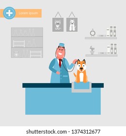 Veterinarian in the vet clinic with a cute dog. Pet treatment concept . Vector illustration cartoon character.