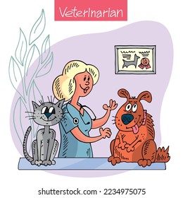 Veterinarian in the vet clinic with a dog and a cat. Woman heals animals. Doodle style vector illustration