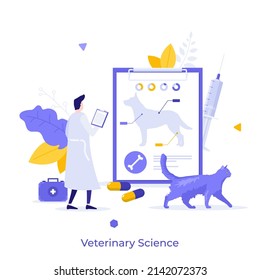 Tierarzt in weißem Mantel schauen Banner mit Hund Anatomie. Konzept der Veterinärmedizin, Veterinärwissenschaft, Forschung, Diagnose und Behandlung von Tierkrankheiten. Moderne Vektorgrafik für Poster.