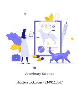 Veterinarian in white coat looking at banner with dog anatomy. Concept of veterinary medicine, vet science, research, animal disease diagnostics and treatment. Modern vector illustration for poster.